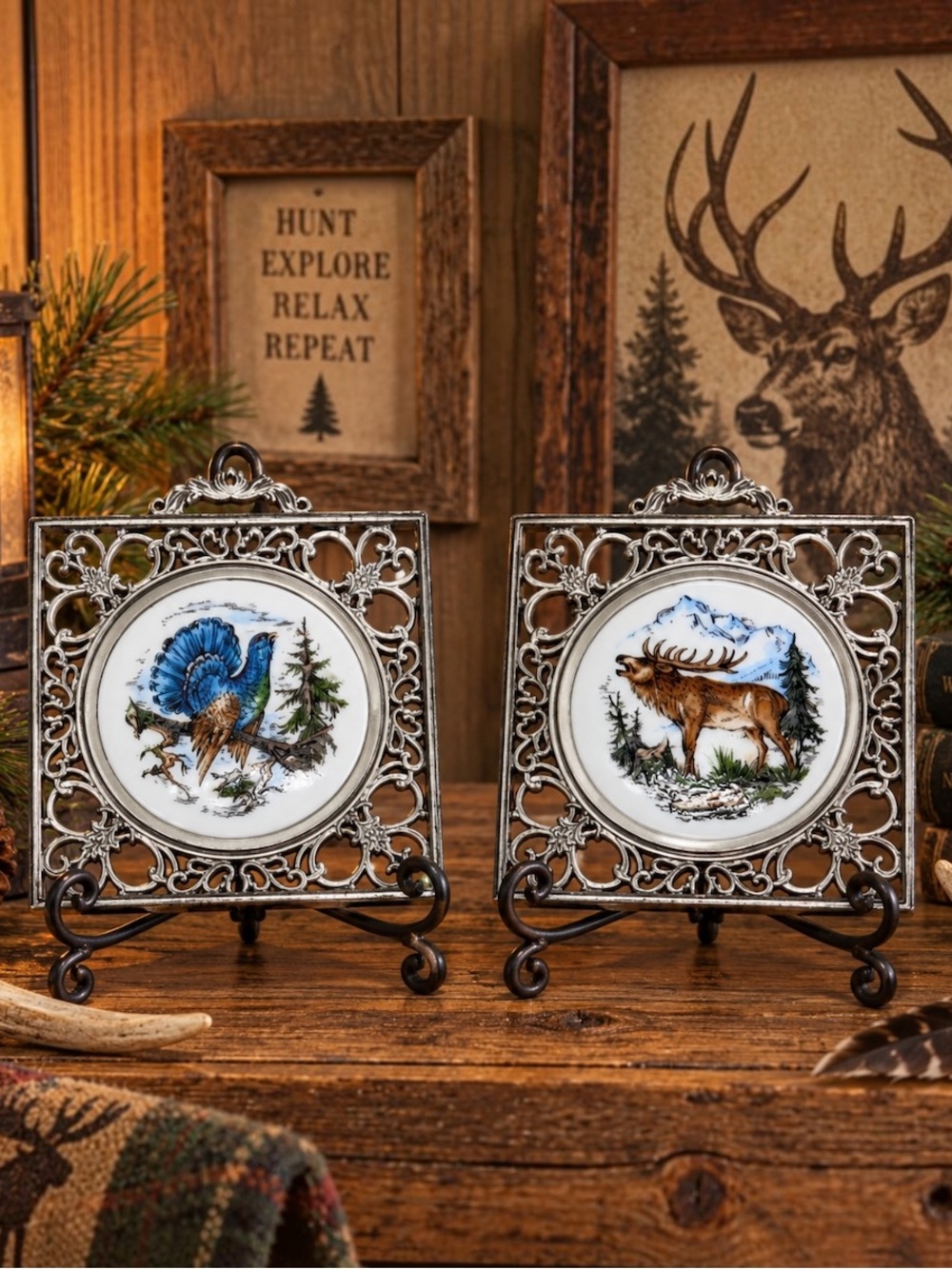 Vintage BMF Zinn Pewter Porcelain Wildlife Wall Plaques Germany Elk Bird Set 2